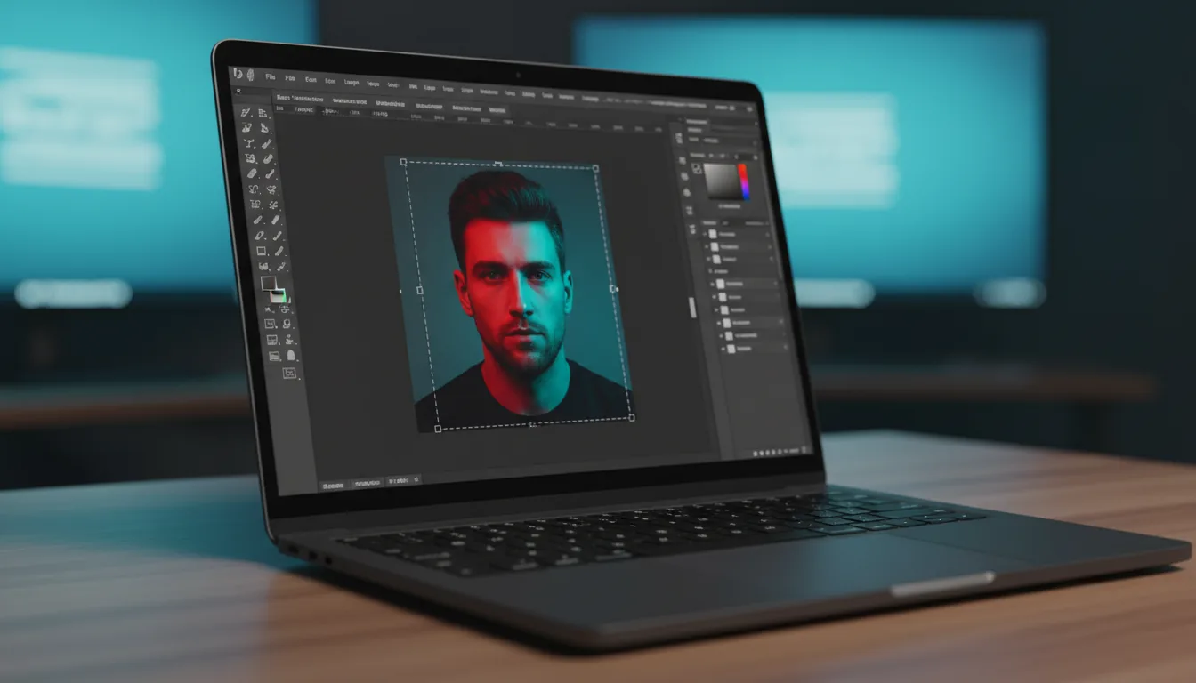 DSLR photography, close-up angled shot of a modern, thin, dark grey laptop on a desk. The screen displays the Adobe Photoshop software interface in Modern Dark Mode. In the center of the canvas is a dramatic portrait of a man, lit with contrasting red and cyan light, with transform handles visible around the image. The interface shows a detailed left toolbar with icons, a top menu bar with abstracted text lines, and right-side panels with UI elements. The scene features cinematic contrast with cool ambient lighting from two out-of-focus monitors in the background, casting a blue and cyan glow. Shallow depth of field with a sharp focus on the laptop screen and a soft bokeh background.