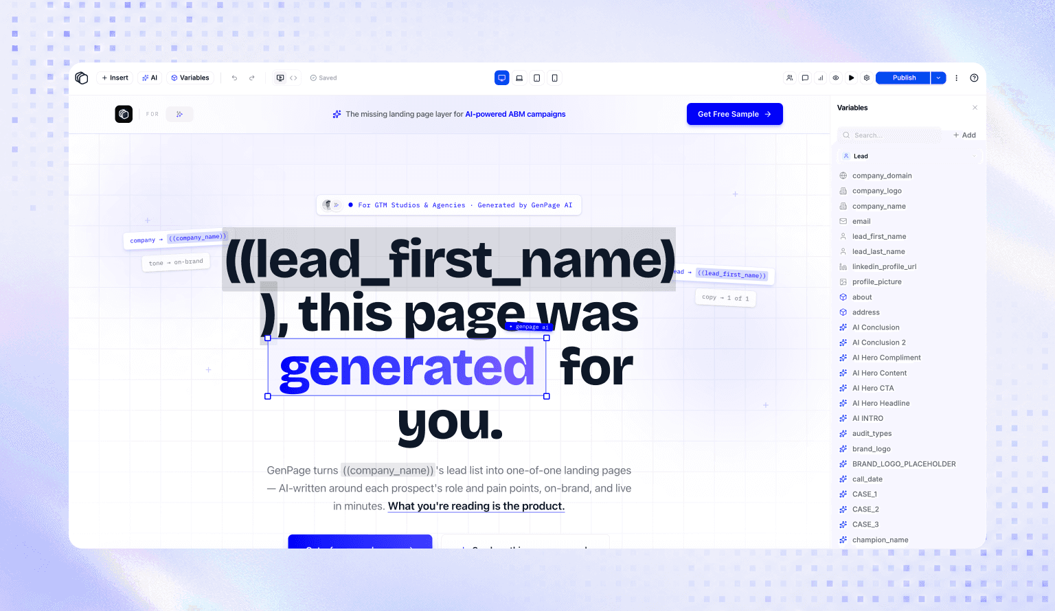 GenPage personalization variables panel showing deep token-level ABM page personalization