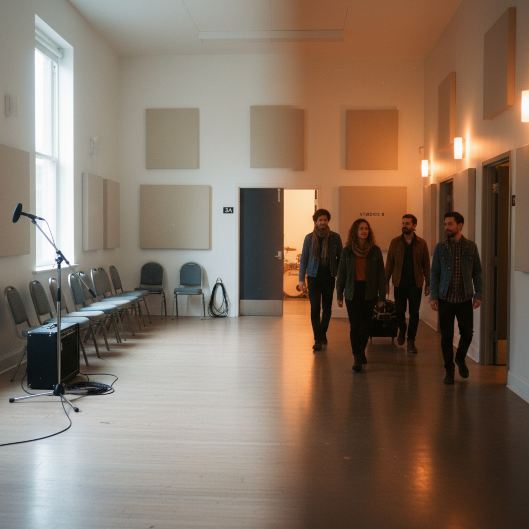 Morgens liegt ein Proberaum still im milden Licht, Stühle an den Rand gestellt. Später am Abend ist der Flur belebt, gedämpfte Stimmen und ein fernes Schlagzeug. Man spürt den Wechsel von ruhigen Off-Peak-Stunden zu dicht belegten Spitzenzeiten, ohne Hektik.