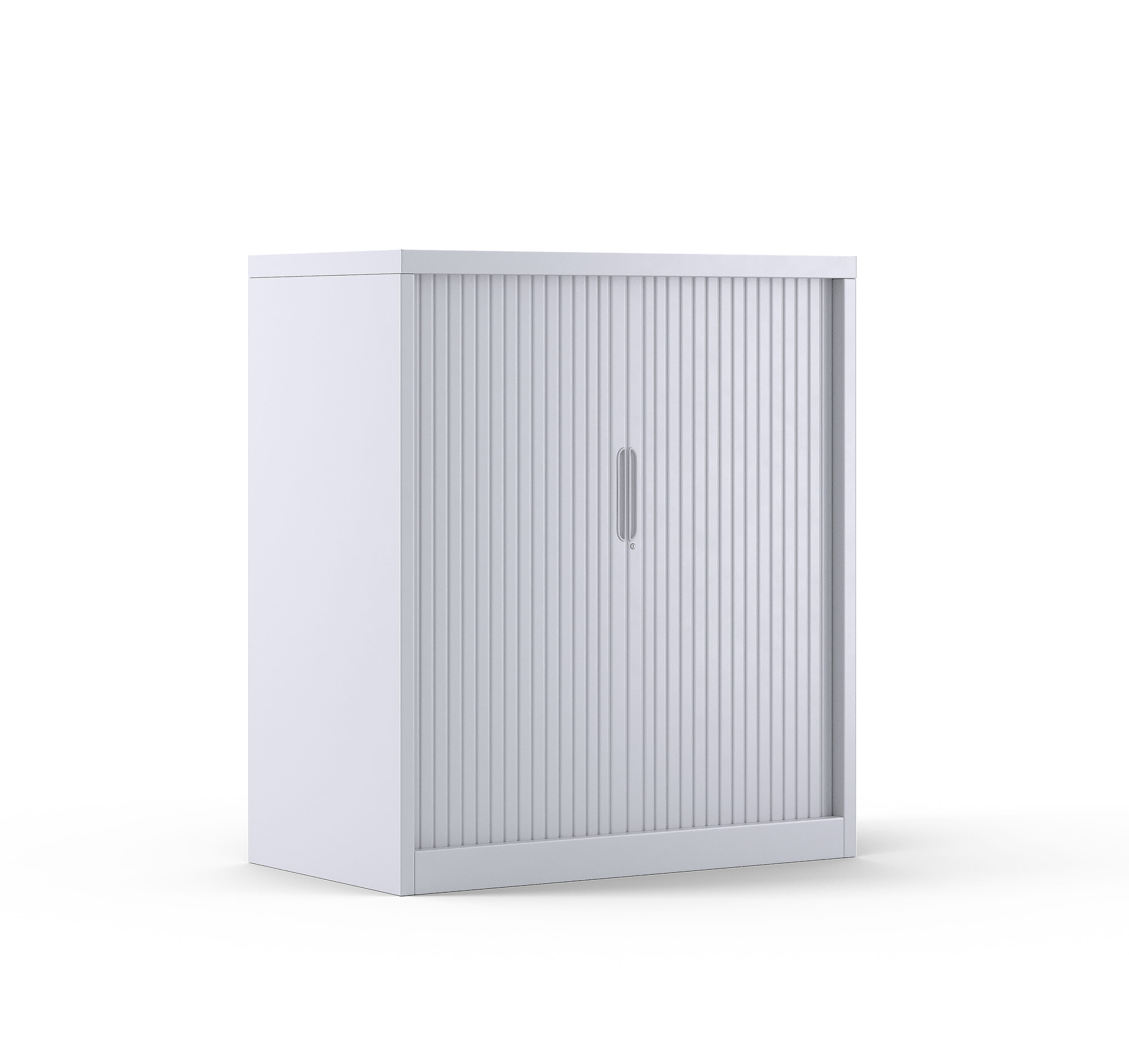 Office storage cabinet with tambour doors in light finish and compact form