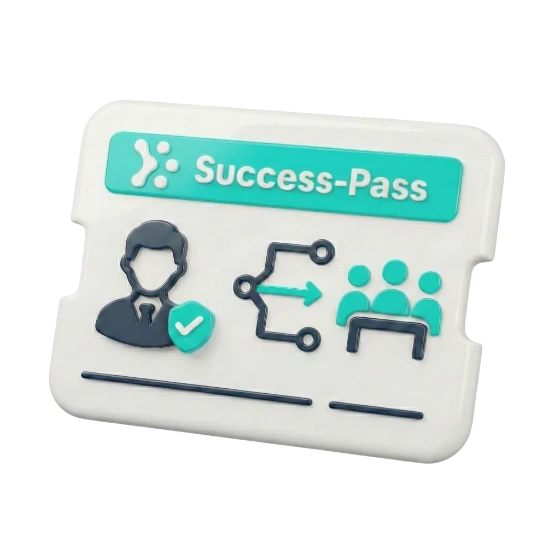 3D-Grafik einer 'Success-Pass' ID-Karte, die Symbole für einen persönlichen Ansprechpartner, Mitspracherecht bei der Roadmap und direkten Zugang zum Führungsteam zeigt.