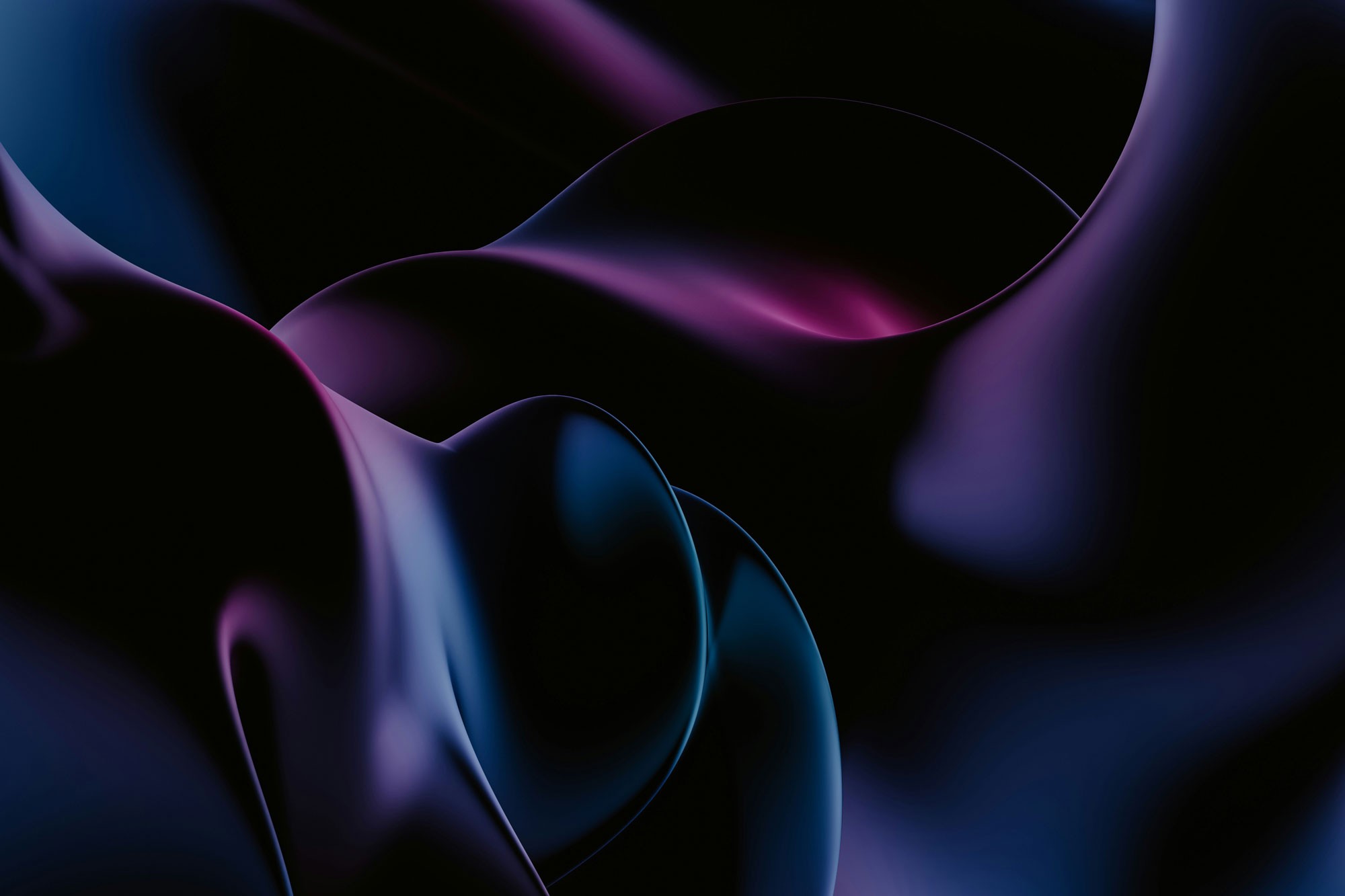 A stunning abstract design featuring smooth, flowing curves and shapes in dark shades of purple and blue with subtle highlights, creating a sense of depth and movement.