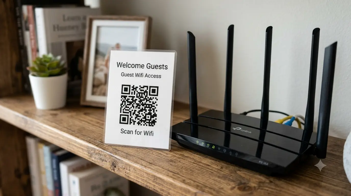 A labeled 'Scan for Wifi' QR code card placed next to a home router for guests.