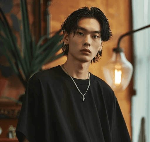 Young man with wet-look hair and a serious expression stands in front of warm-toned background. Wears black T-shirt, silver chain, plants visible.