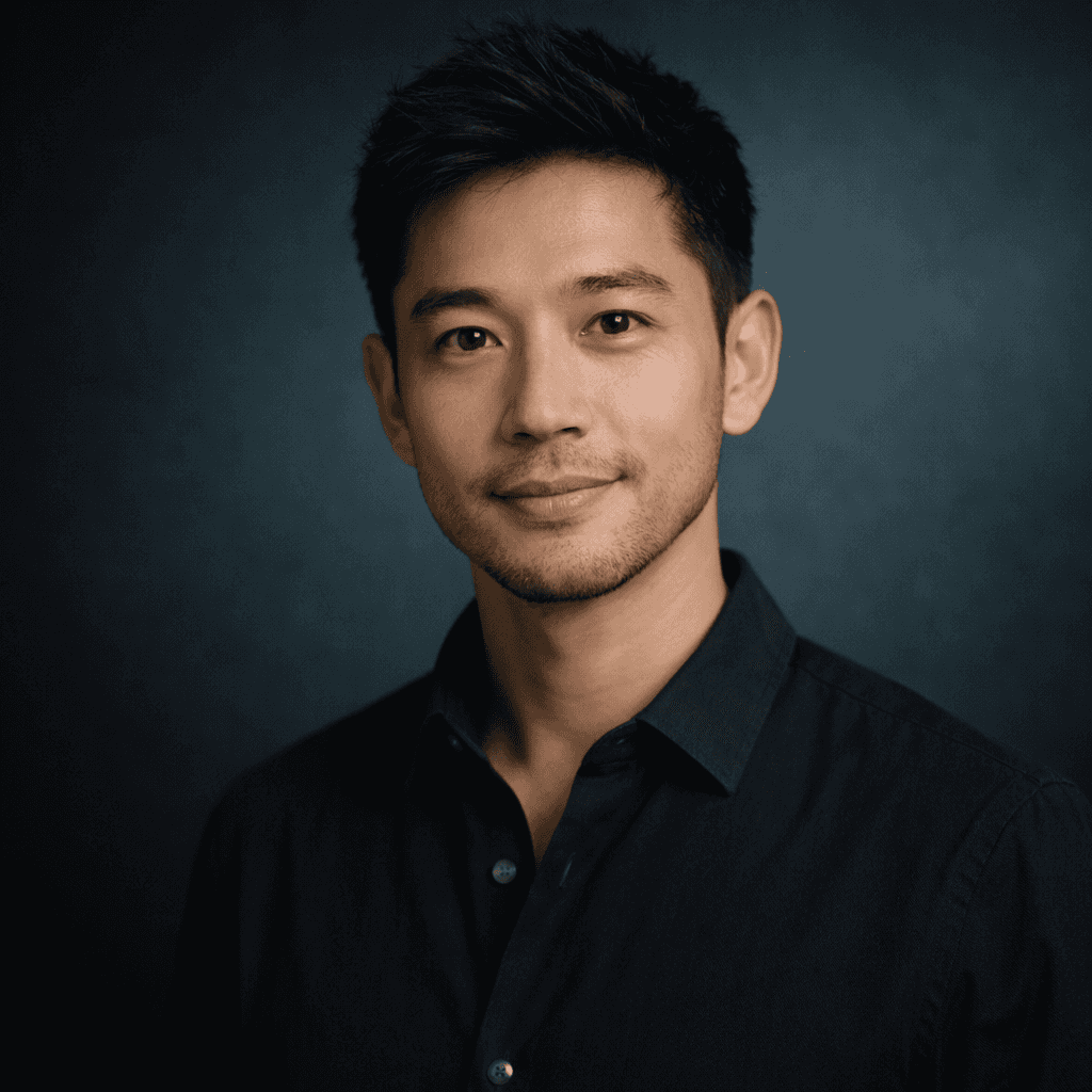 Man in dark navy shirt photographed against a dark teal gradient background, calm expression, professional headshot.