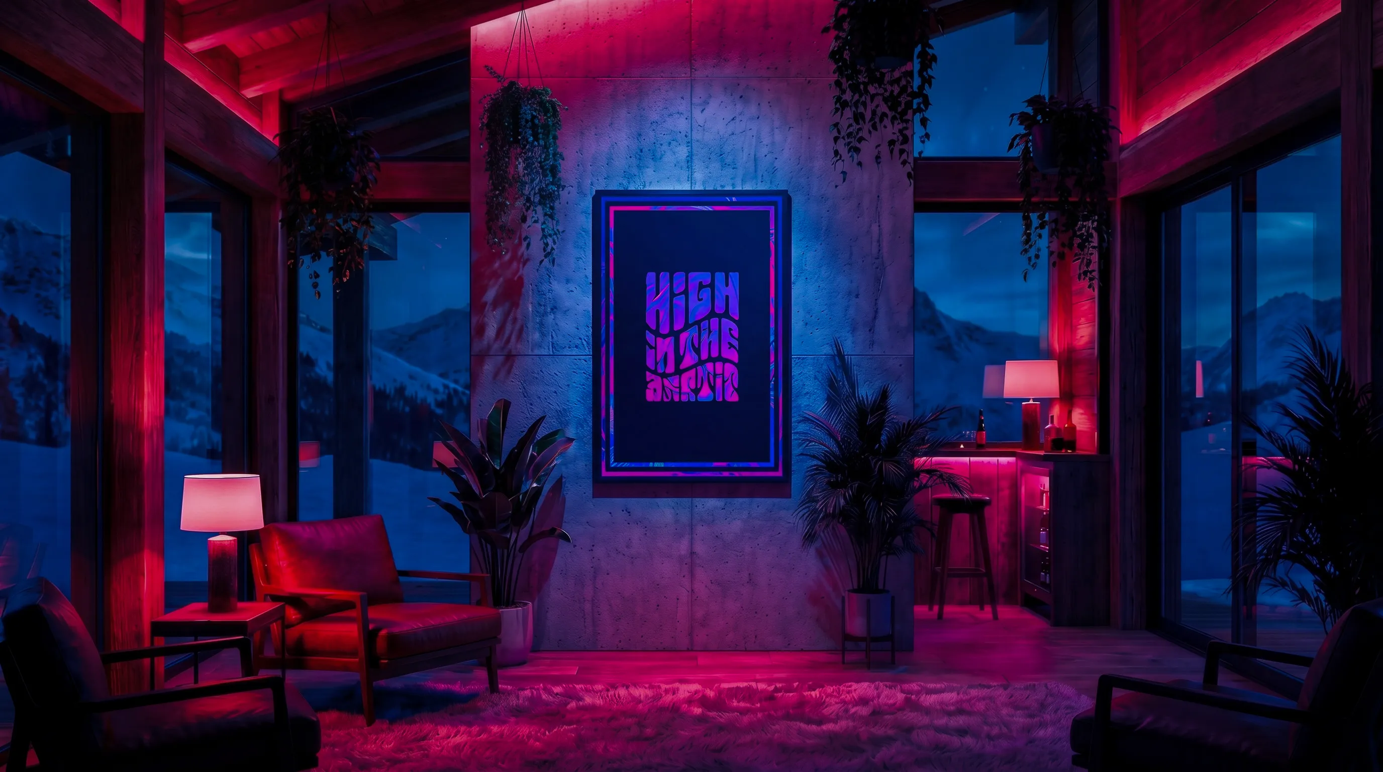 Poster design on the wall inside a ski lodge