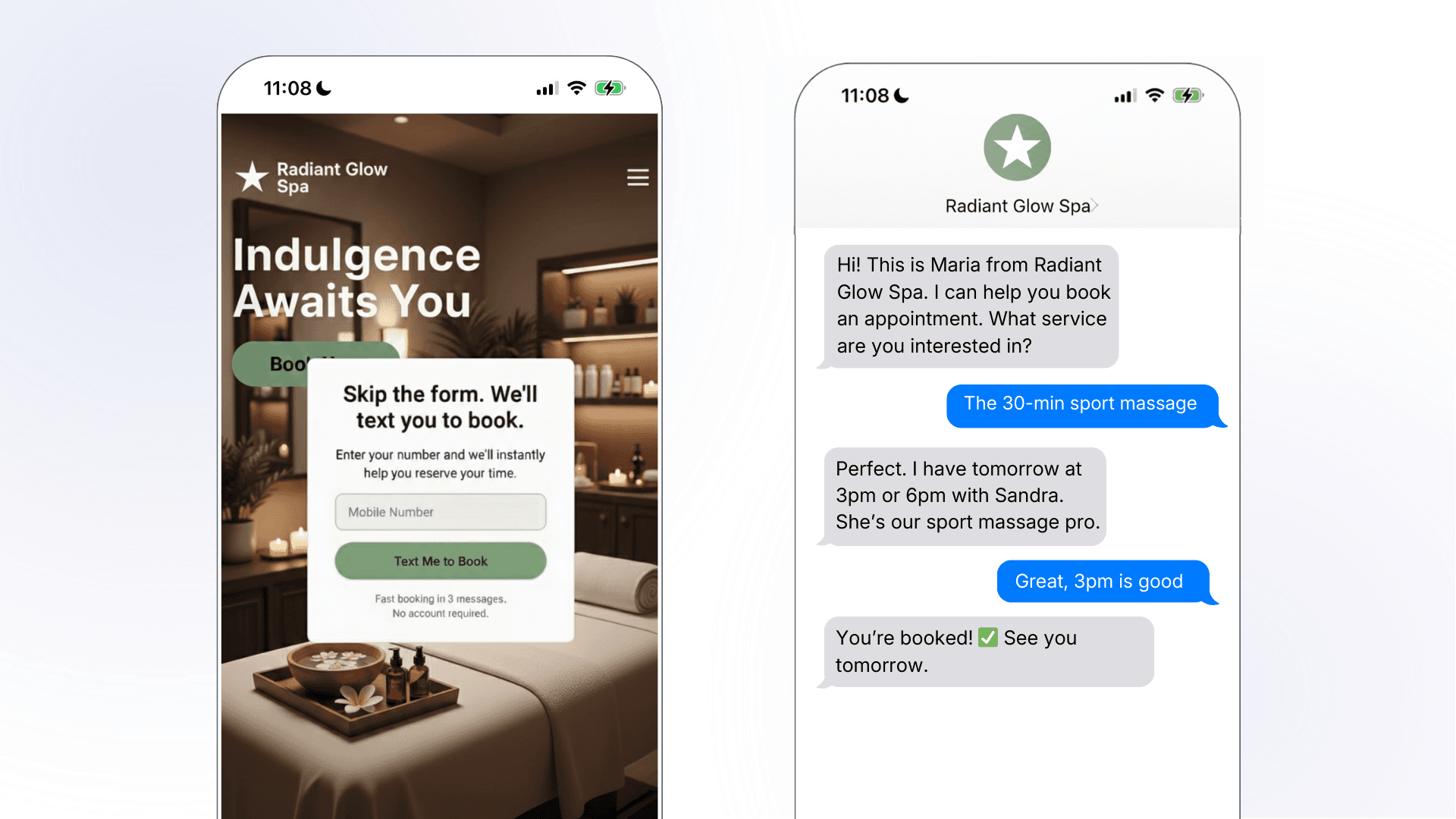 Two smartphone mockups for Radiant Glow Spa: the left shows a mobile website with a "Text Me to Book" opt-in form; the right shows the resulting SMS conversation where a customer books a 30-minute sports massage with Sandra at 3pm the next day.