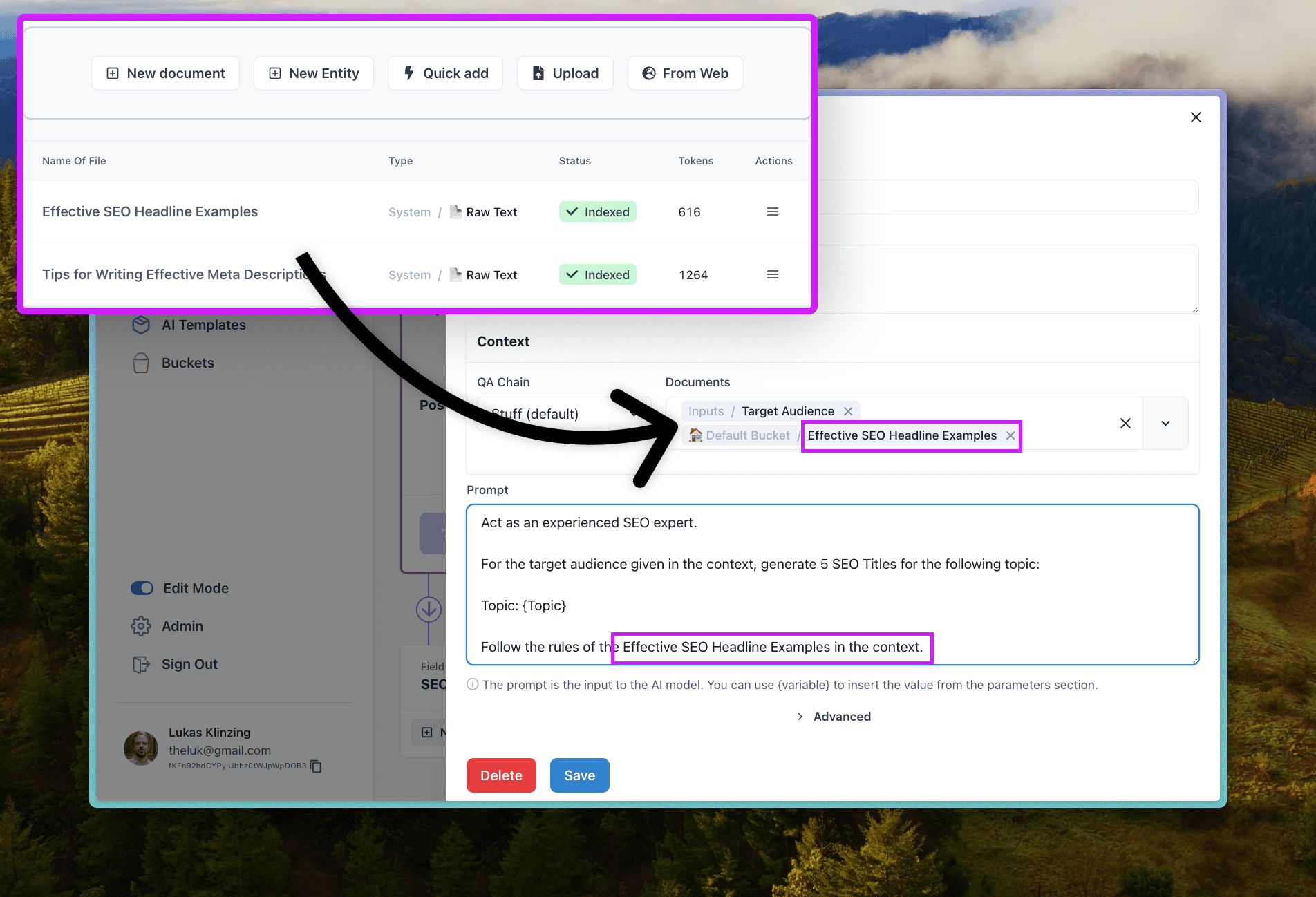 Screenshot of how knowledge files are included in the context of an AI Tool