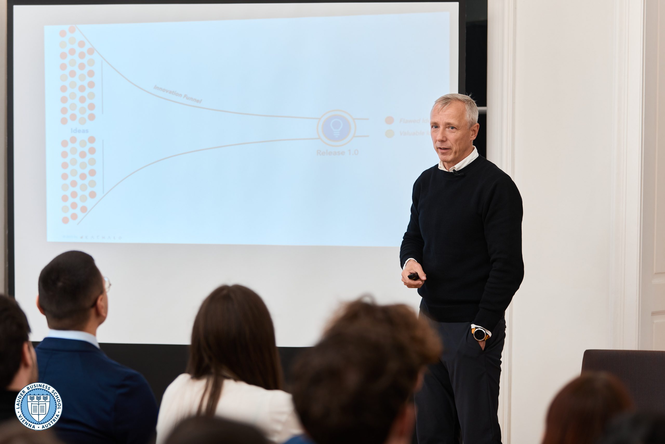  Wolfgang Platz, founder of Tricentis and Katharo Ventures, together with Dr. Tamas Csermely, Director of Graduate Programs at LBS, in front of LBS students