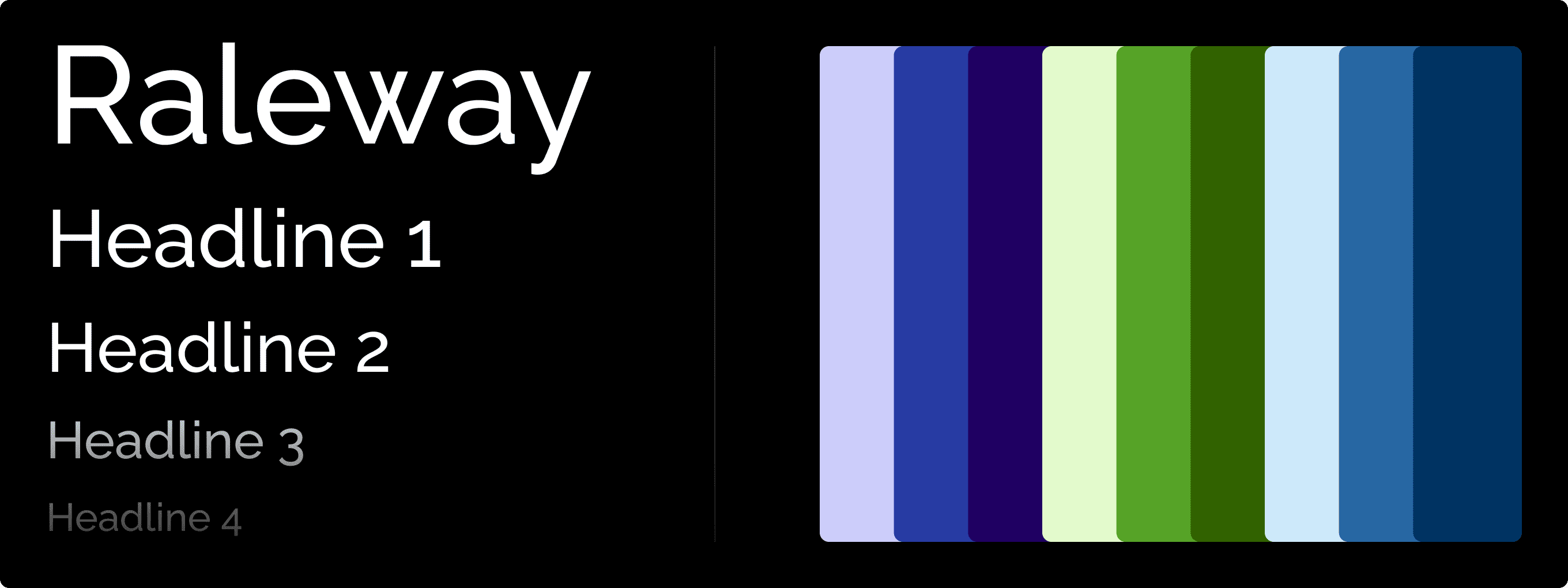 Clean 1885 brand foundations showing Raleway typeface at four heading sizes on a dark background, alongside a vertical color palette of purples, greens, and blues