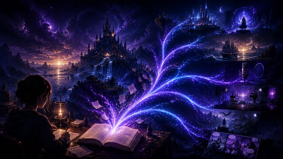 Source story flowing through Story Intelligence toward multiple creative formats.