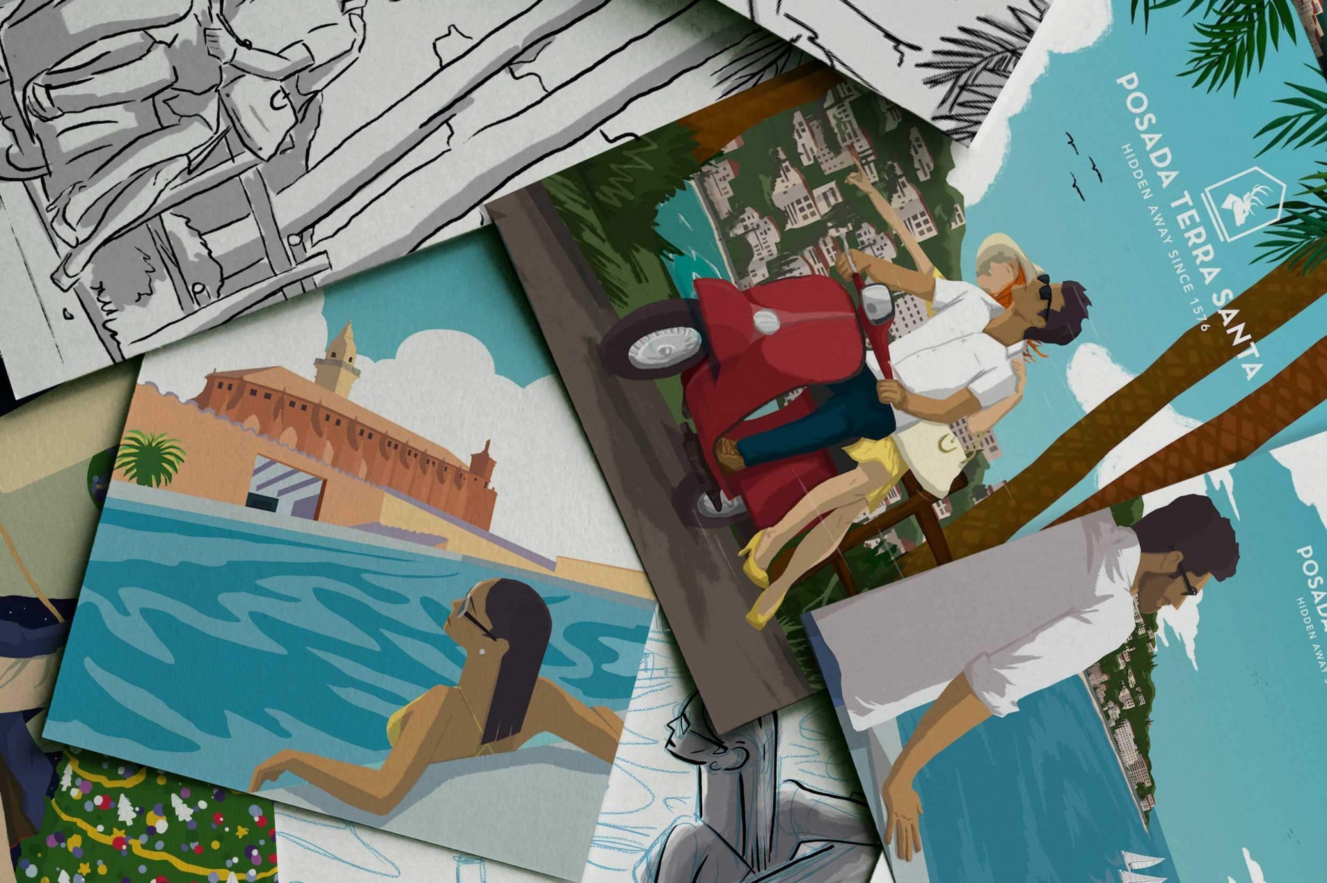 Collage de dibujos de vacaciones: pareja en moto, mujer en piscina, paisaje con palmeras y mar.