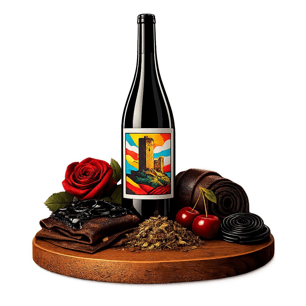 Artistic label and flavor profile for Piedmont Barbaresco on a rustic wooden table.