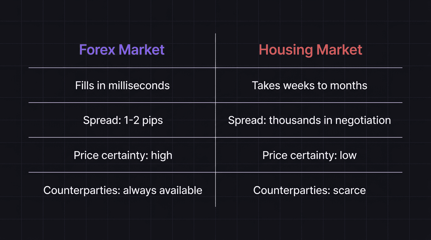 Comparison table showing liquid forex market versus illiquid housing market across speed, spread, and certainty