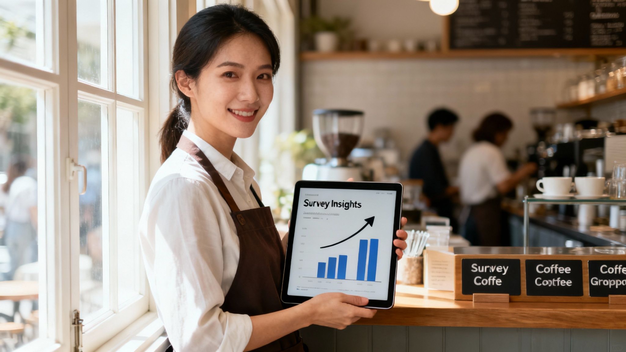 A smiling Asian woman in a cafe apron holds a tablet displaying