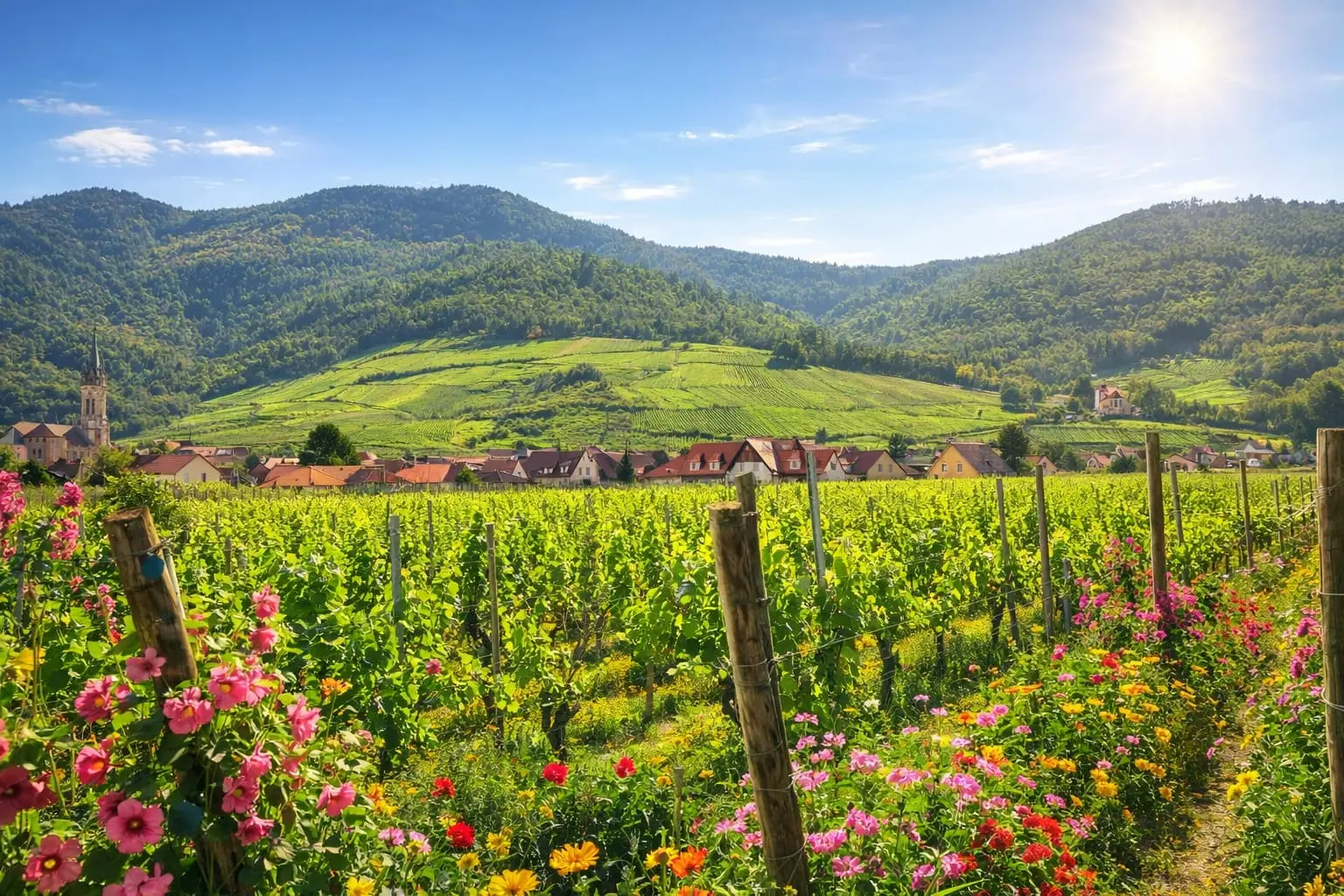 Vue sur Dambach-la-Ville, son vignoble et le château du Bernstein – Route des Vins d'Alsace