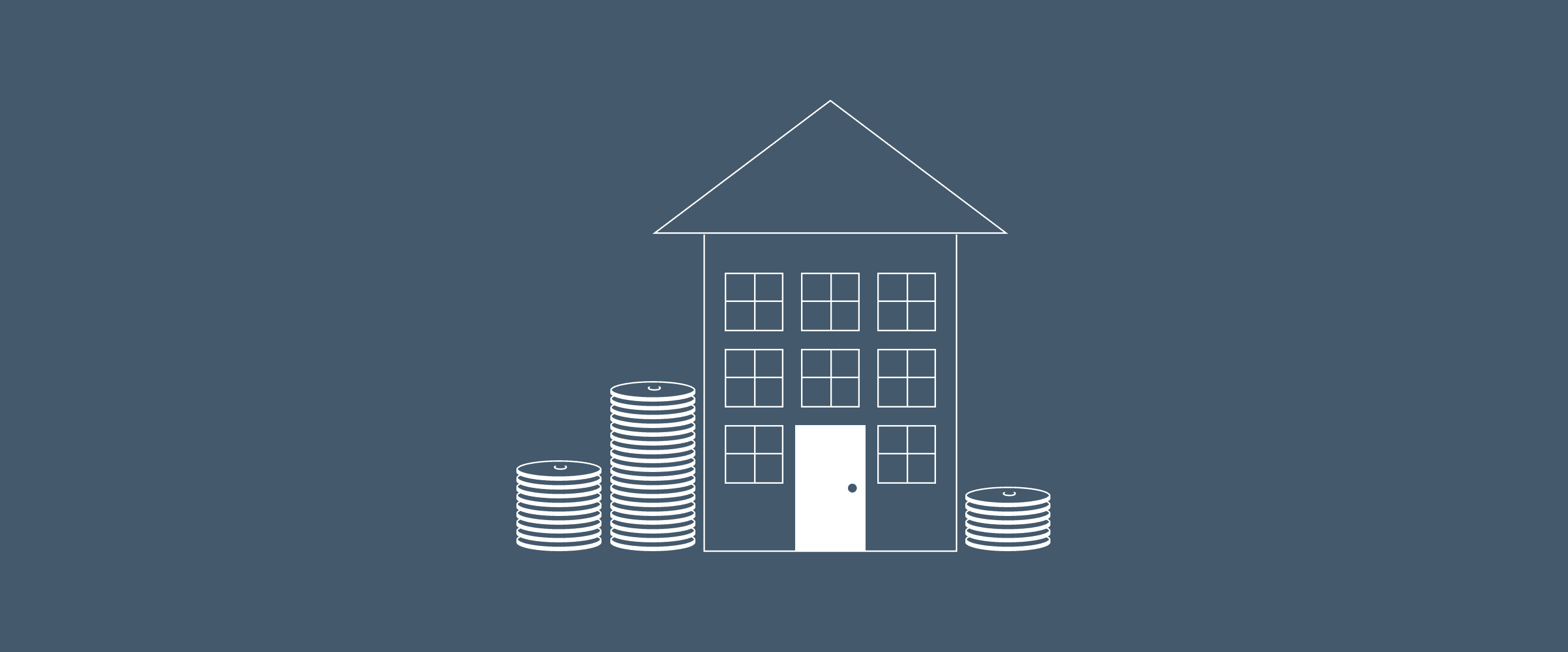 Line illustration of a house outline flanked by three stacks of coins on a slate blue background, illustrating CAM reconciliation in commercial real estate.