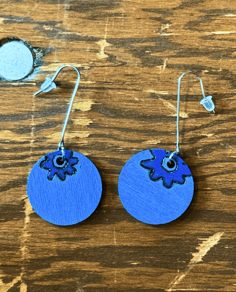 Small wood burned blueberry earrings