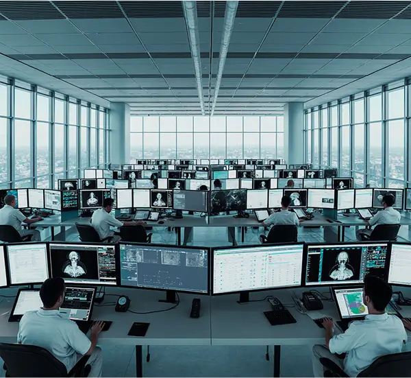 Imagem de vários profissionais dentro de uma sala ampla, cada um sentado em frente a vários monitores, que mostram dados e imagens de raio-x