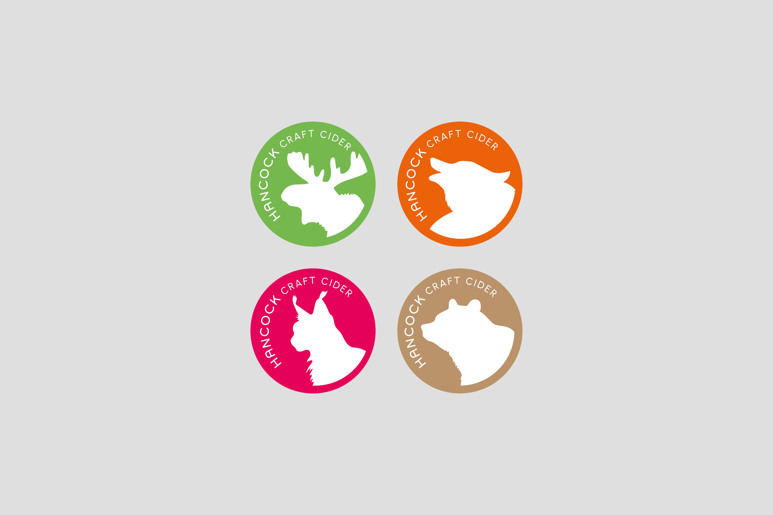 Hancock Craft Cider logos: moose, wolf, lynx, bear.