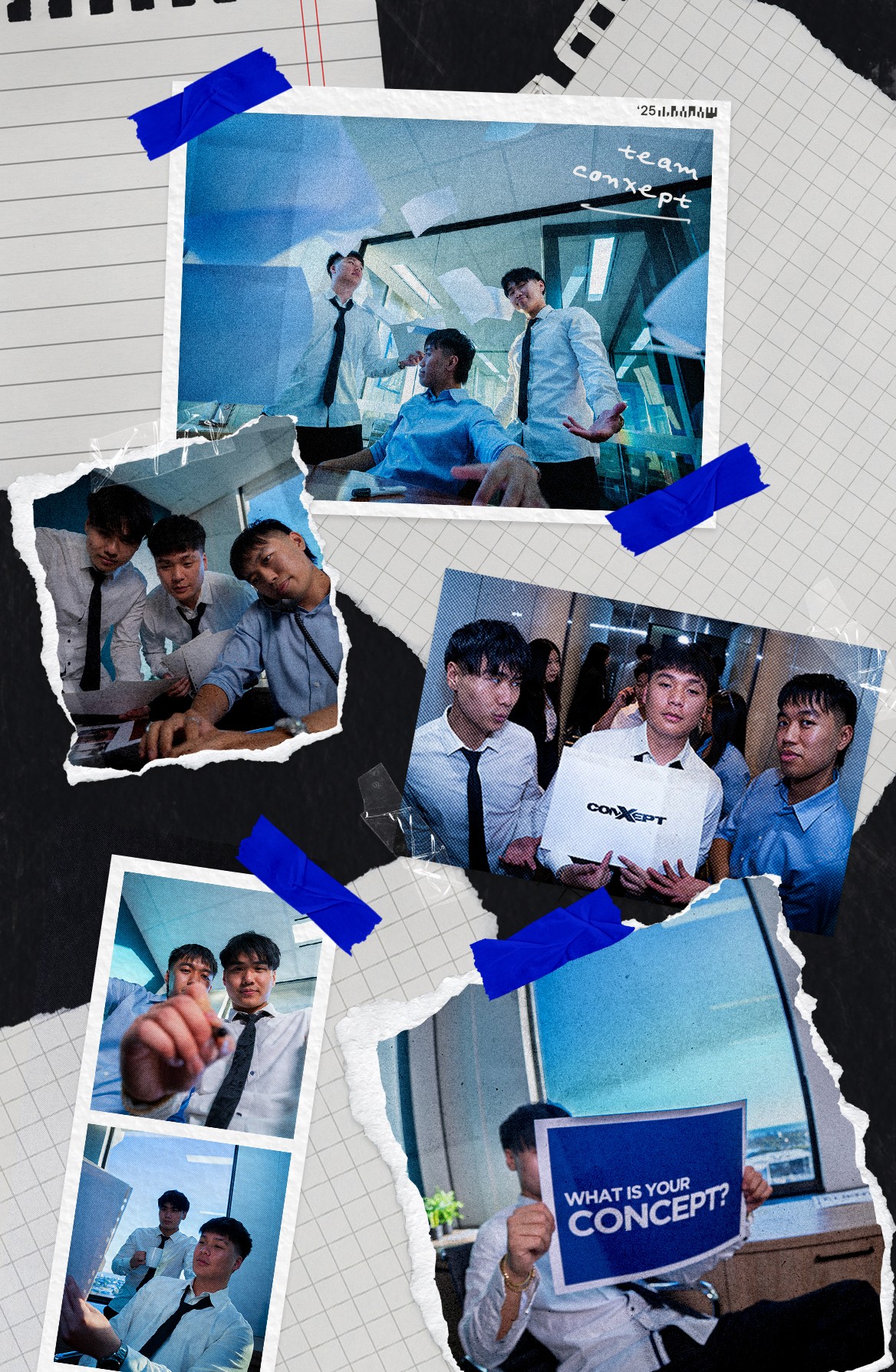 Three team members at Conxept Agency dressed in business attire, standing and seated in a modern office setting, captured through a stylised, collage-like layout with torn notebook textures and bold blue tape accents. A gritty, film-inspired aesthetic highlights the creative, youthful energy of the agency.