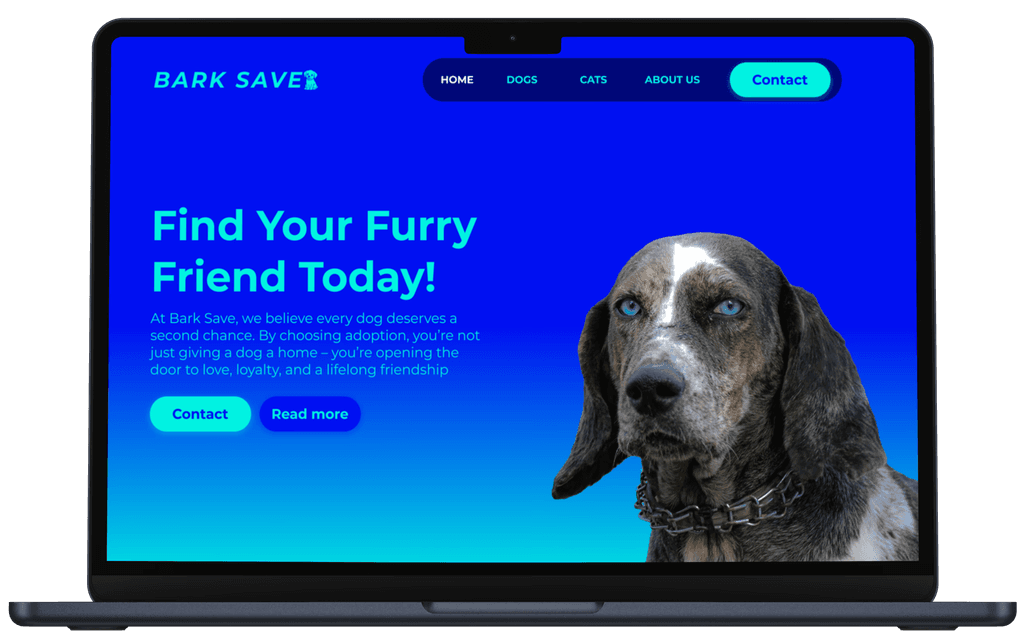 Forside til BarkSave – moderne nettside for hundeadopsjon laget av Sideklikk