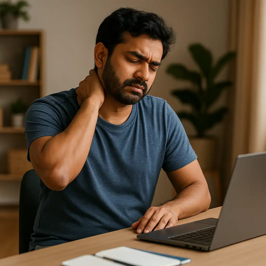 Office worker holding his neck in discomfort while sitting at a laptop, showing common desk-job related neck and shoulder pain.