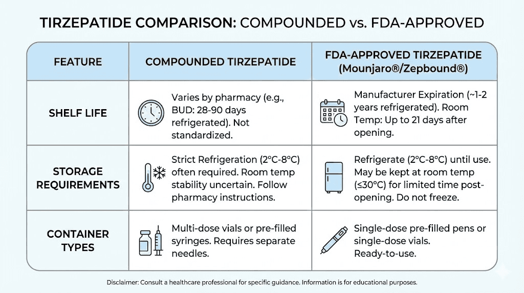 Compounded vs FDA-approved tirzepatide storage and shelf life comparison table