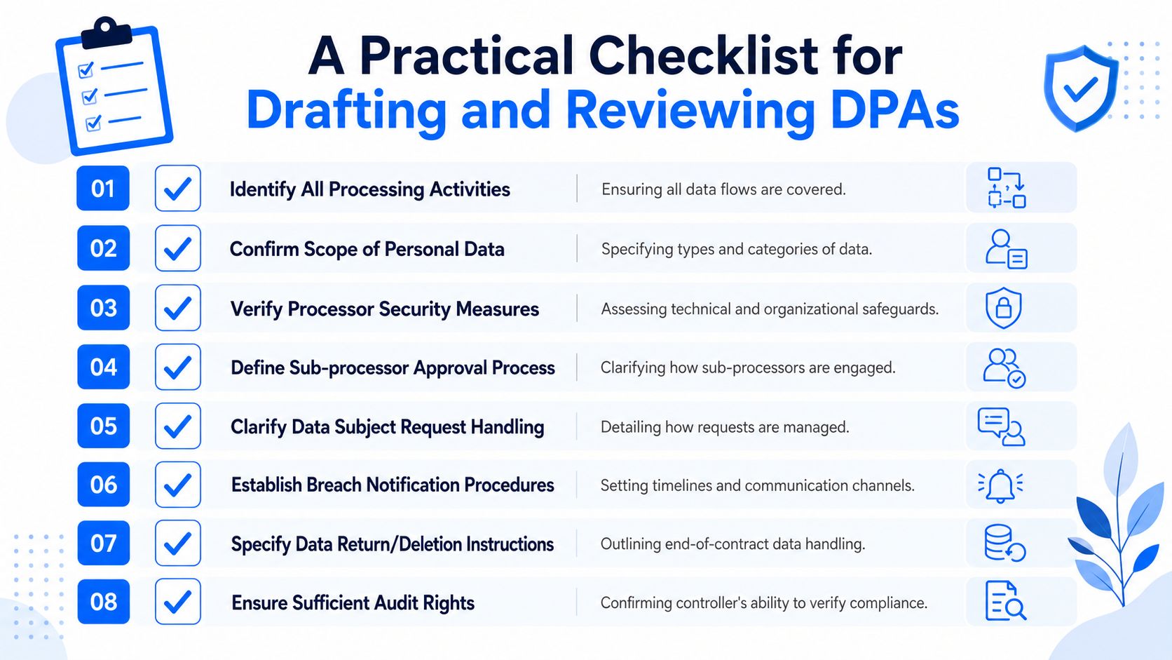 A checklist infographic outlining eight essential steps for drafting and reviewing data processing agreements efficiently.