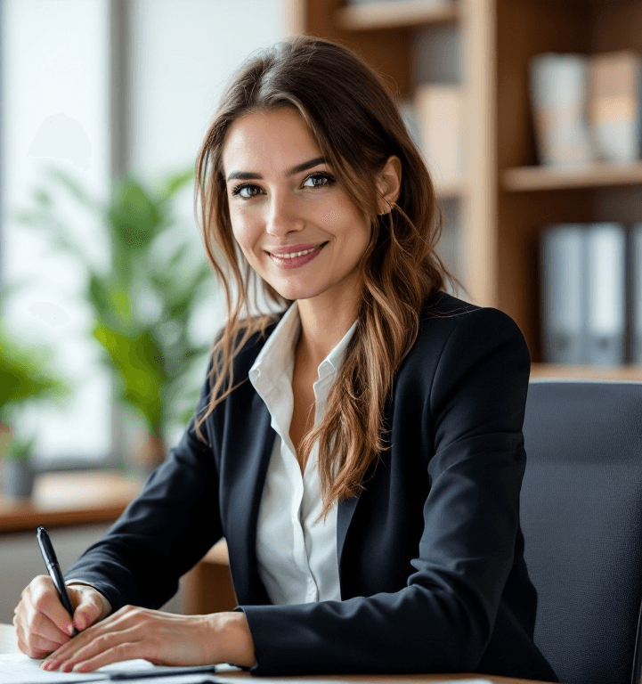 A businesswoman sitting at her desk, smiling and looking at the camera.