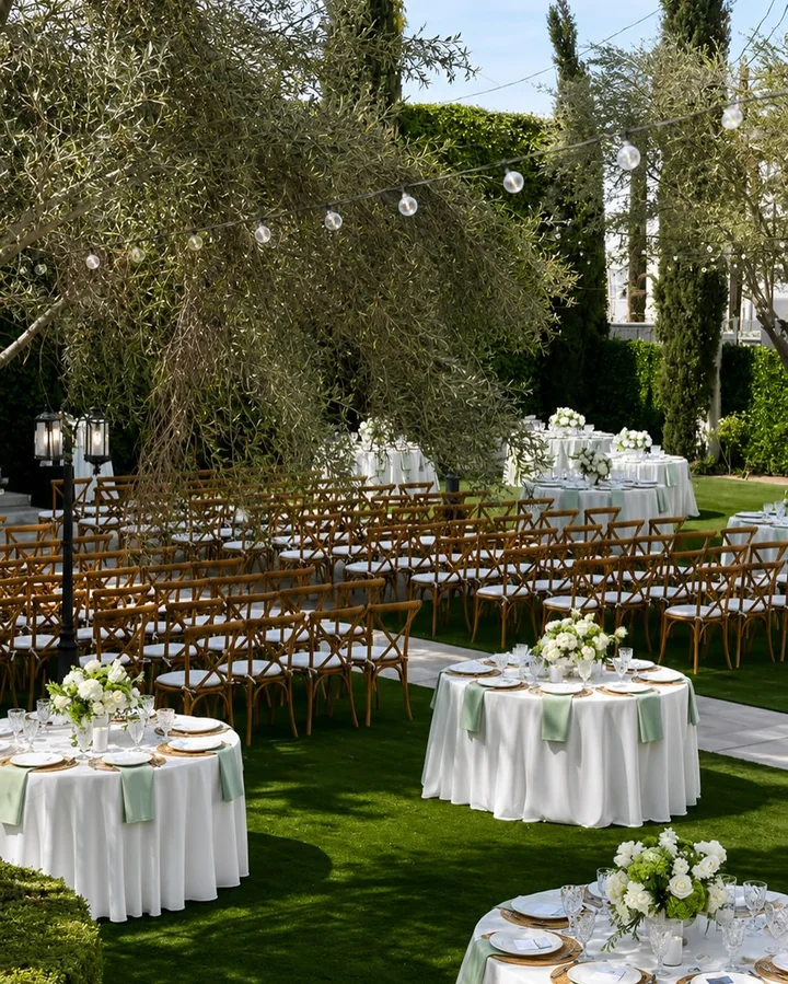 Garden ceremony seating of wooden chairs beside round reception tables with white linens and flowers, under an olive tree with string lights
