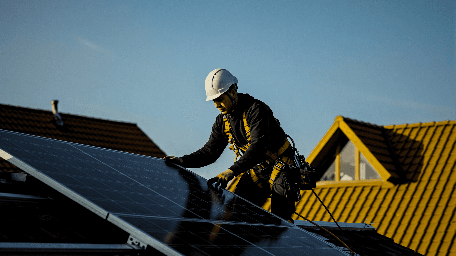 Technician performing solar panel repair on a rooftop array