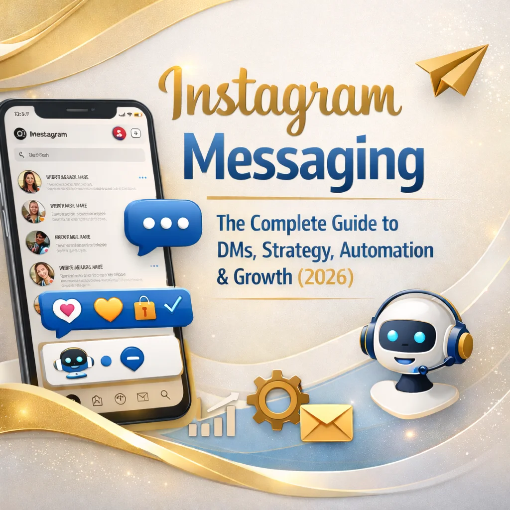 ""Instagram Messaging blog cover featuring a smartphone with DM chats, automation icons, growth analytics, and modern gold, beige, and blue UI design for DMs strategy and growth in 2026.""