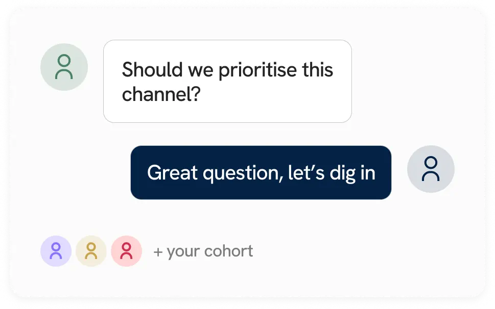 Community Q&A chat showing a participant asking a question and an instructor responding, with cohort members visible.