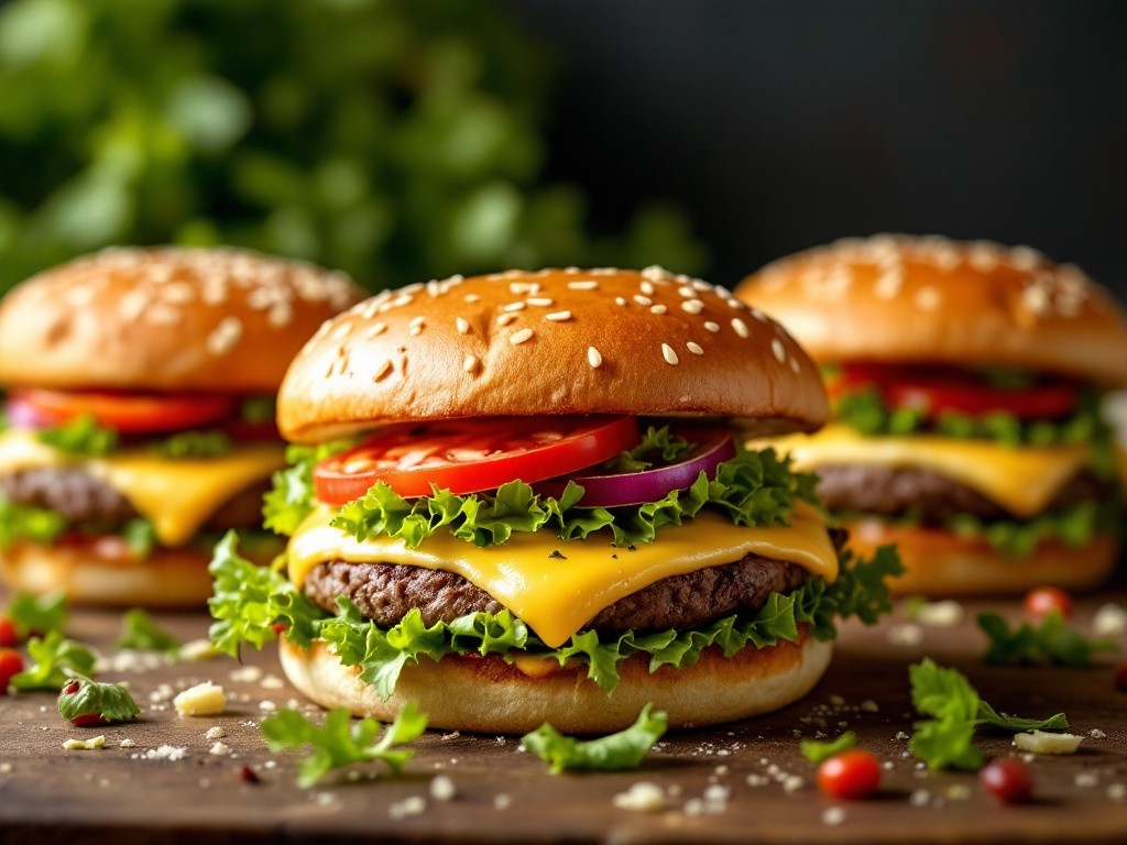 Three delicious cheeseburgers with sesame seed buns, lettuce, tomato, onion, and melted cheese.