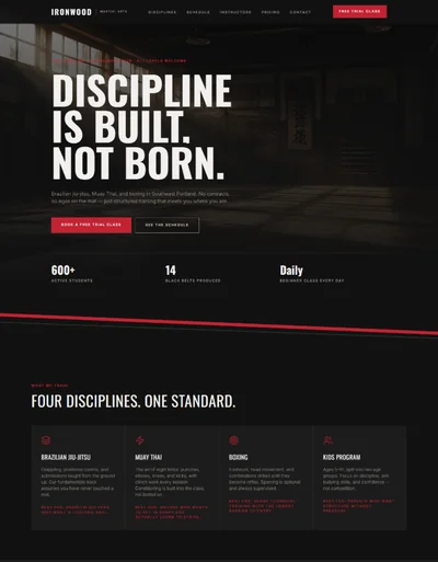 Martial arts website template preview with belt progression and class schedule