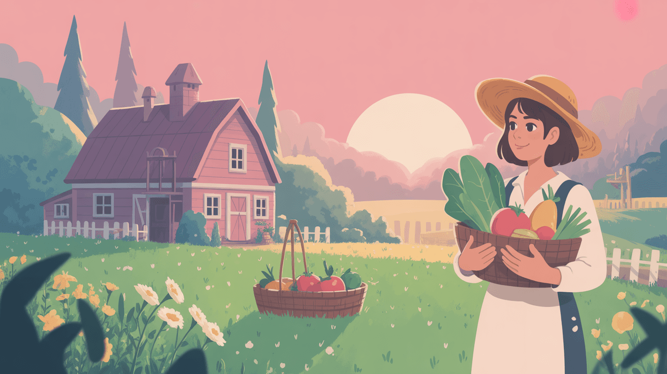 Cozy farm sim thumbnail showing a sunrise-lit farmer holding fresh produce