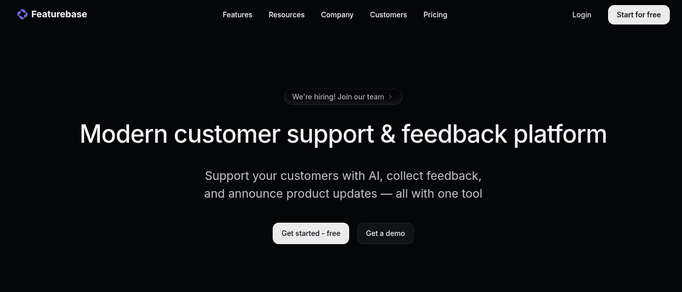 Featurebase homepage showing its customer support and feedback platform
