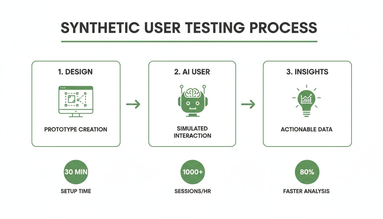 Infographic detailing the synthetic user testing process with design, AI user interaction, and insights, including key metrics.