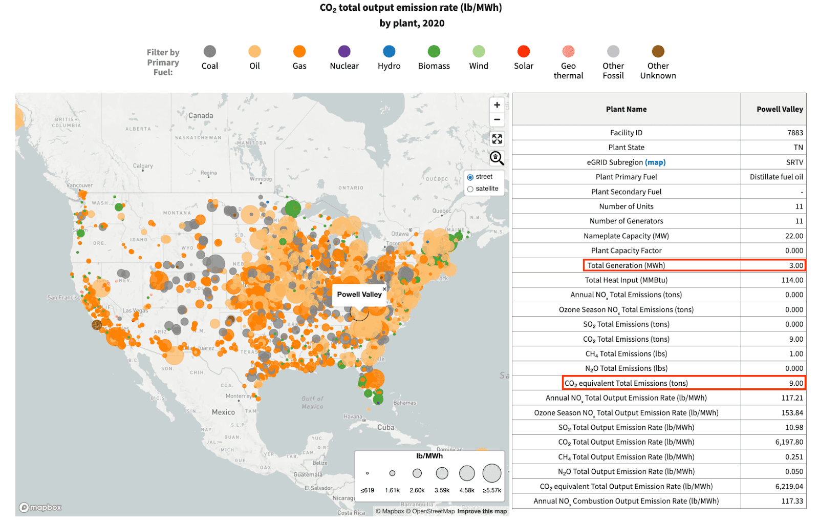 Data explorer for the eGrid dataset. Each dot represents a power plant reporting greenhouse gas emissions.