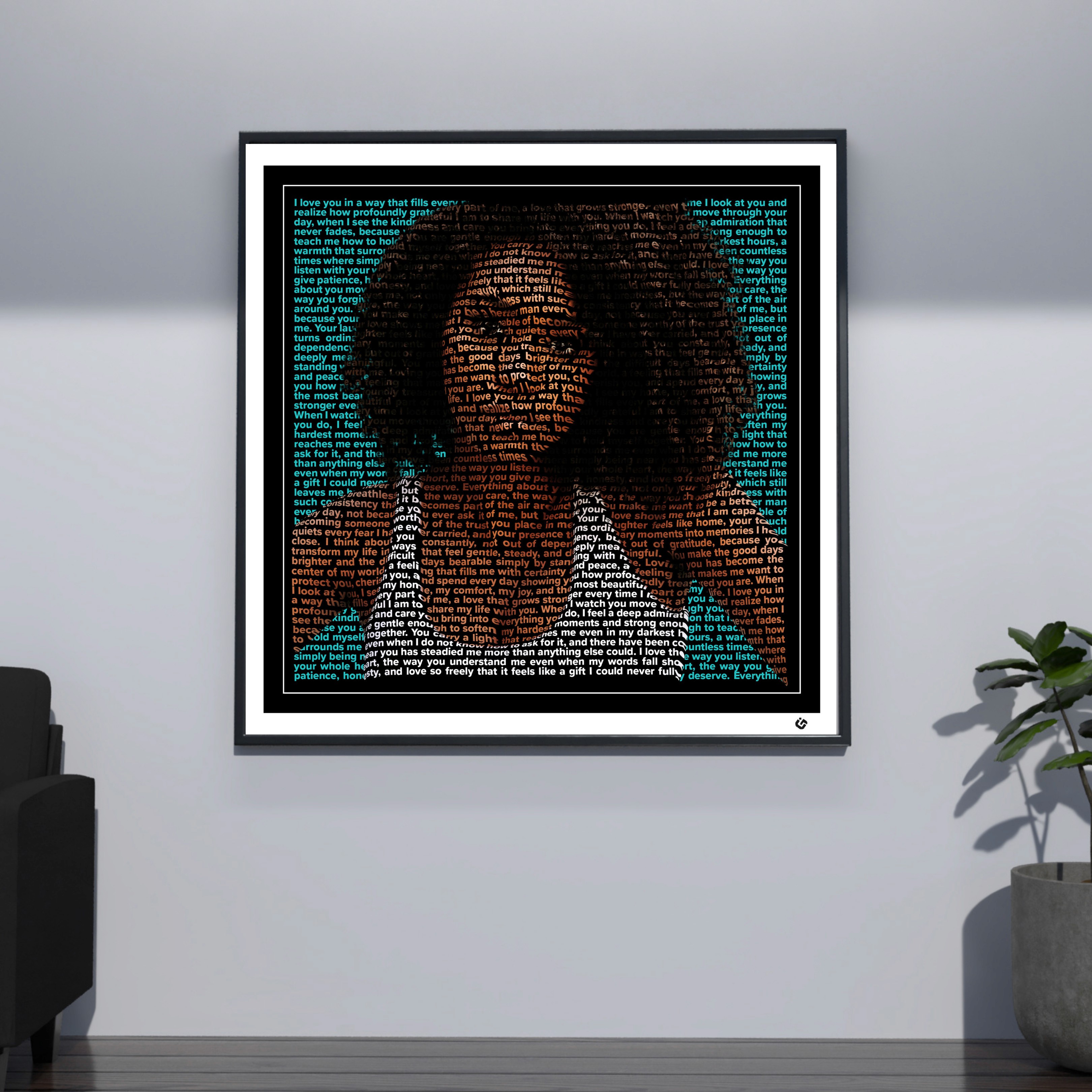 Custom text portrait of a woman with curly hair, created using romantic handwritten words that form her face and upper body, displayed in a black frame with a thin white border and white mat. Personalized wall art gift design by U-Go Experience.