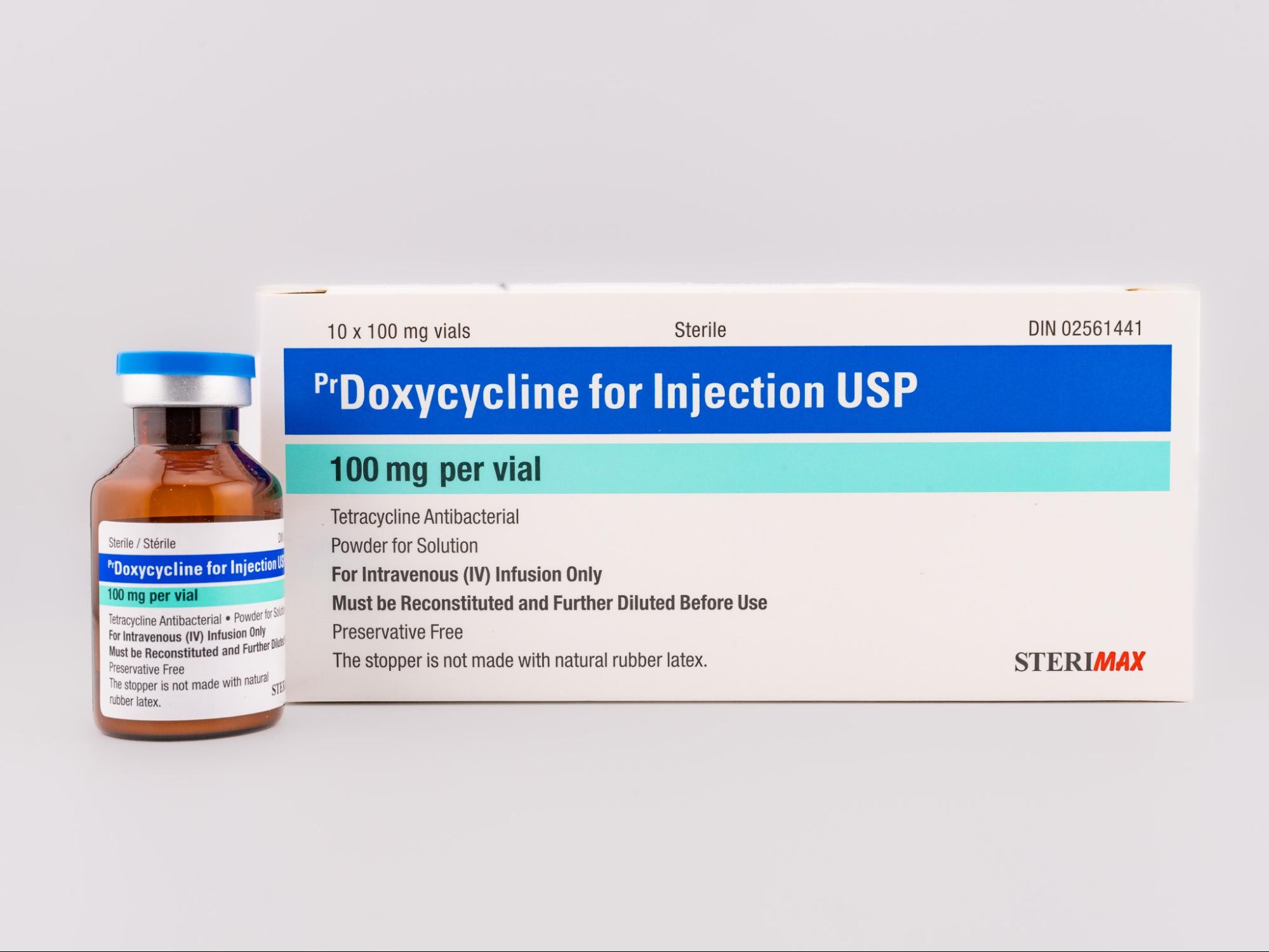 A SteriMax box and amber glass vial of Doxycycline for Injection USP, 100 mg per vial.