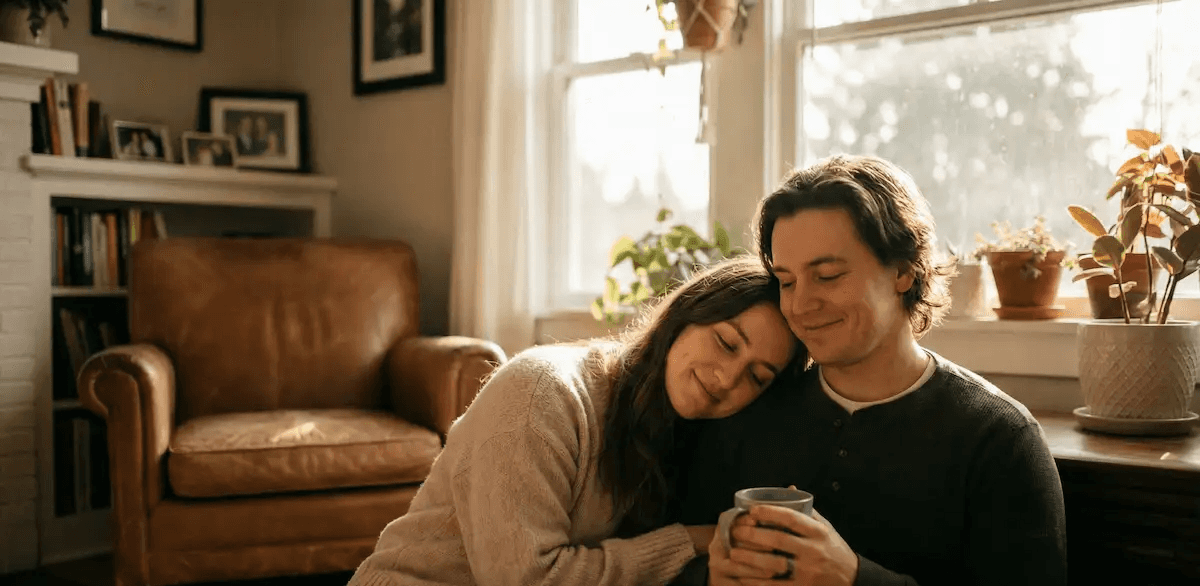 An image of a couple sharing a peaceful, intimate moment in a cozy living room illuminated by warm, natural sunlight. The woman rests her head gently on the man's shoulder, and both are smiling softly with relaxed expressions. The man is holding a gray ceramic mug. The softly blurred background features a brown leather armchair, a bookshelf, and several potted plants near a bright window.