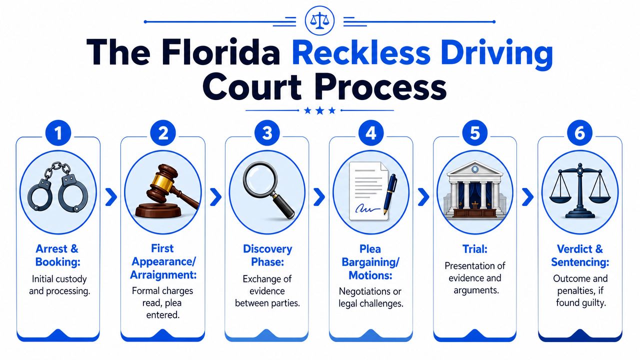 A flow chart illustrating the six stages of the Florida reckless driving court process from arrest to sentencing.
