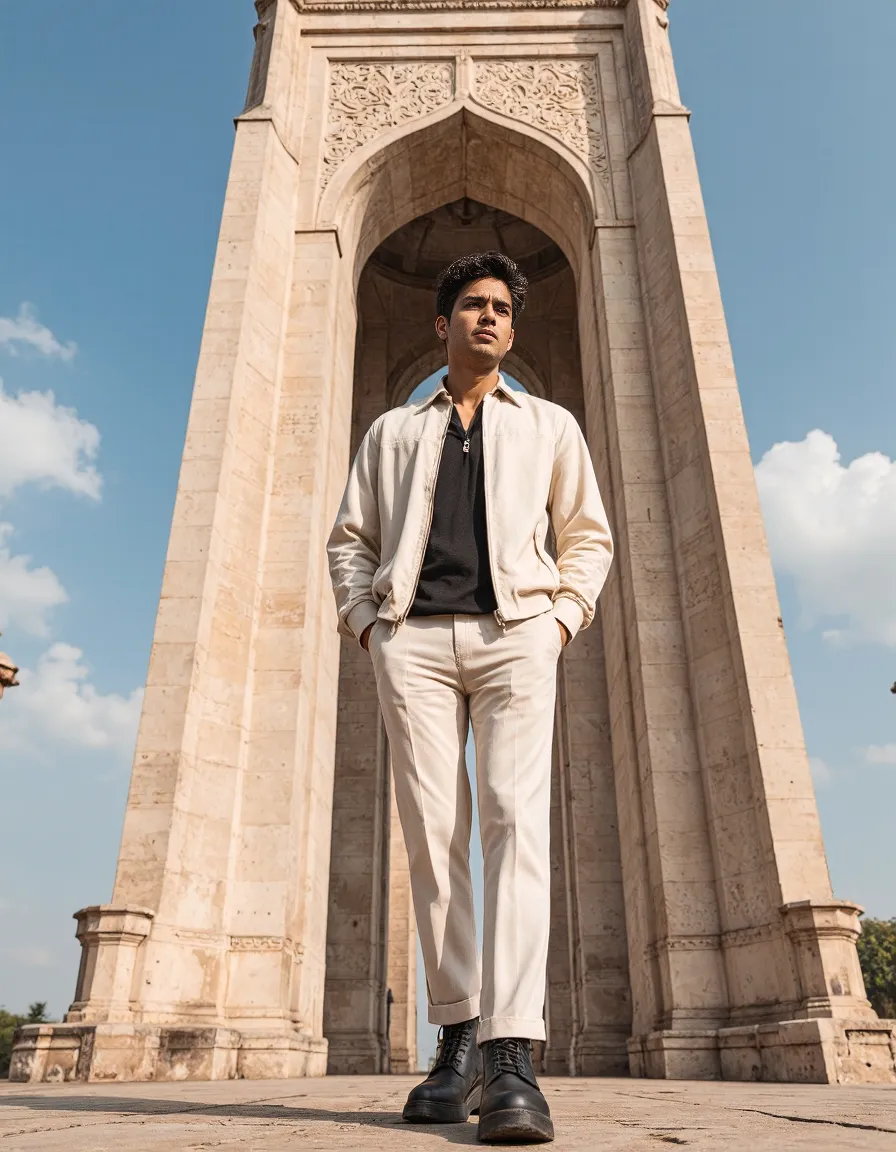 Stylish outfit featuring cream jacket and pants against ornate stone archway architecture, creating dramatic contrast under blue sky