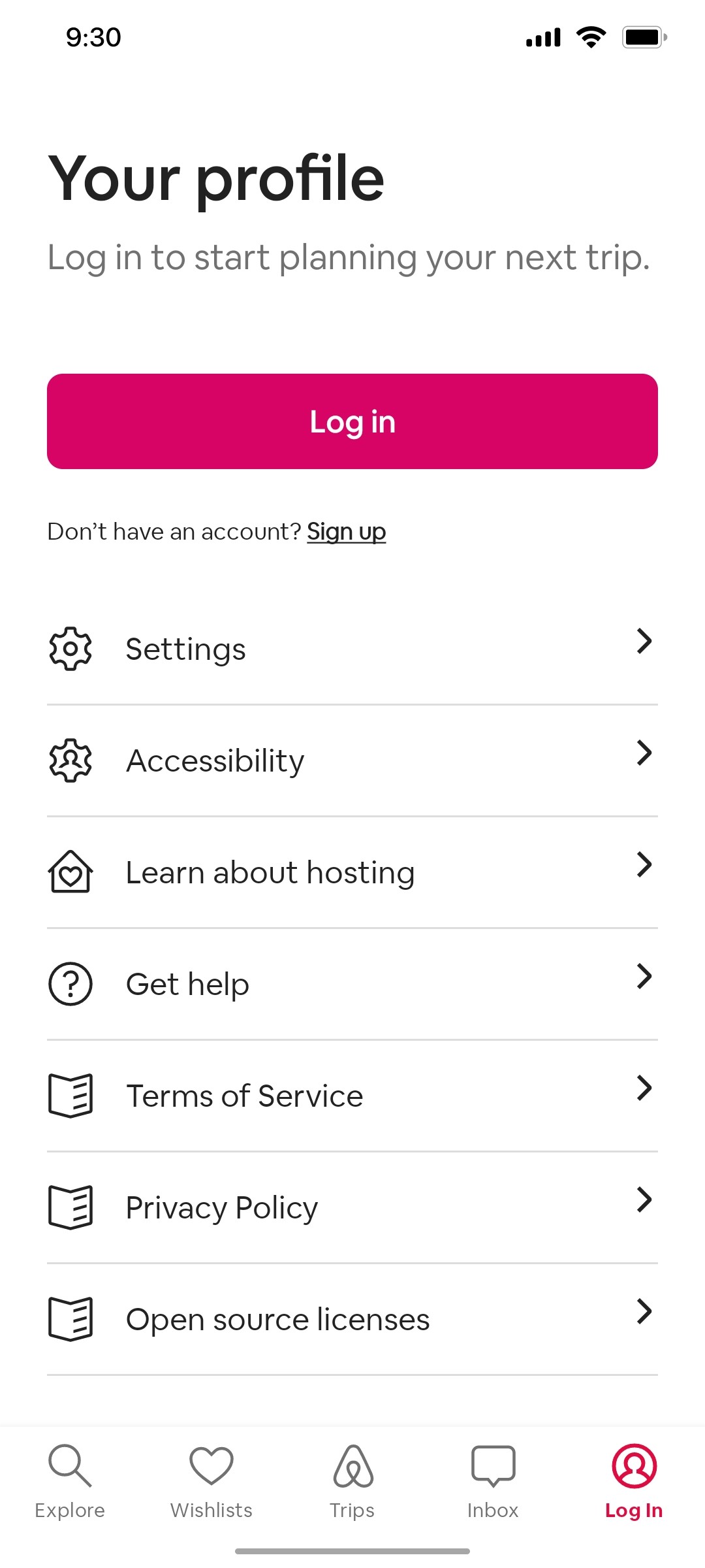 Airbnb without login profile screen