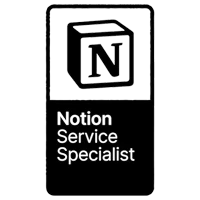 Black and white badge with the Notion logo block, reading "Notion Service Specialist."