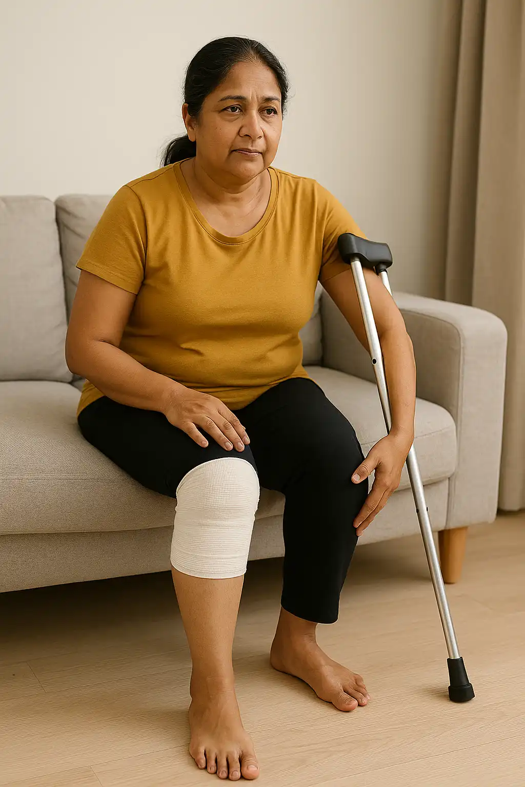 Woman with a bandaged knee sitting with a crutch beside her, recovering from knee injury and mobility limitations — post-knee rehabilitation care.
