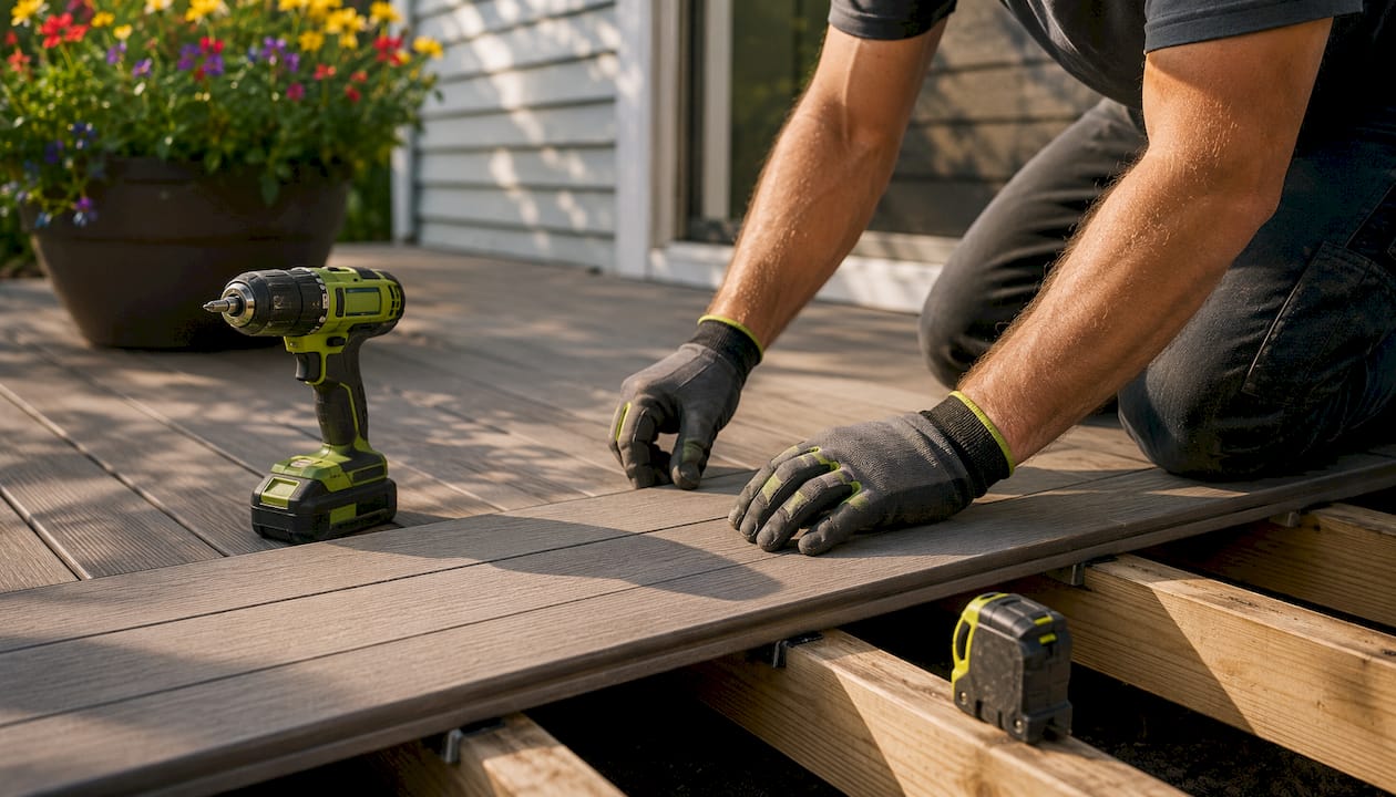 Close-up of hands installing composite decking outdoors