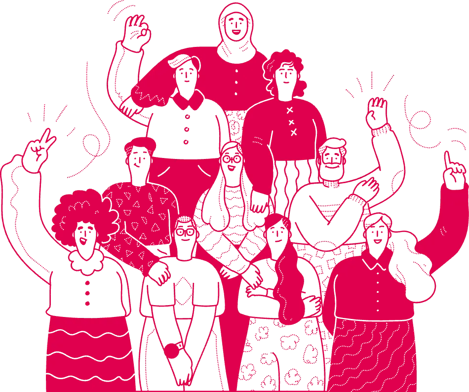 Illustration of a diverse group of people waving together representing team relatedness and belonging